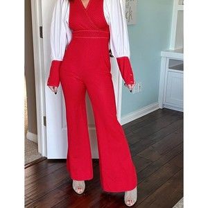 Vintage Rare 60s Jumpsuit Romper Zip Up Womens Red & White Wide Leg One Piece XS